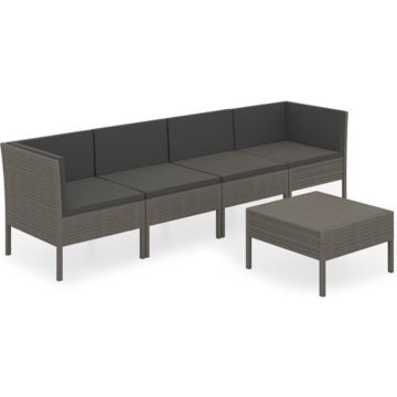 vidaXL 5-delige Loungeset met kussens poly rattan grijs