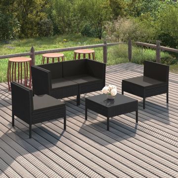 vidaXL 5-delige Loungeset met kussens poly rattan zwart