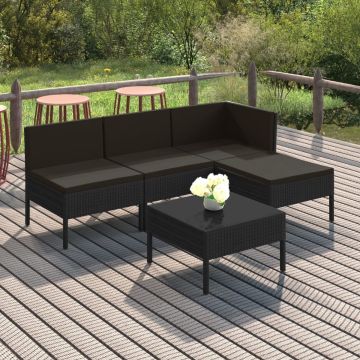 vidaXL 5-delige Loungeset met kussens poly rattan zwart