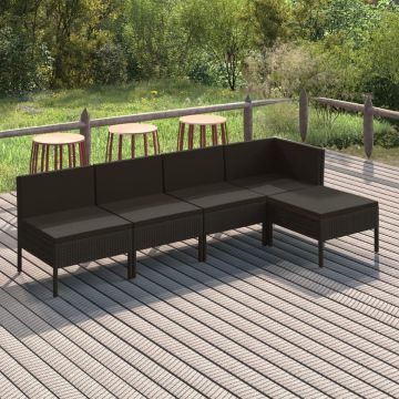 vidaXL 5-delige Loungeset met kussens poly rattan zwart