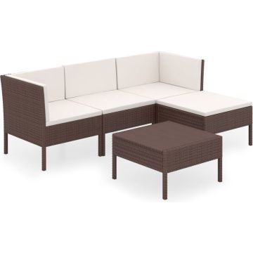 vidaXL 5-delige Loungeset met kussens poly rattan bruin