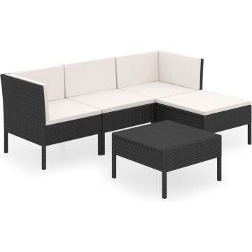 vidaXL 5-delige Loungeset met kussens poly rattan zwart