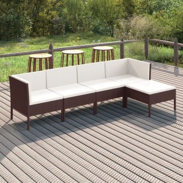 vidaXL 5-delige Loungeset met kussens poly rattan bruin