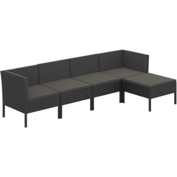 vidaXL 5-delige Loungeset met kussens poly rattan zwart