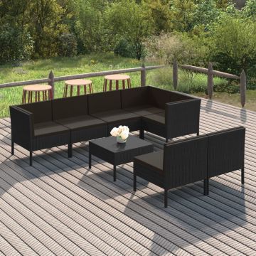 vidaXL 8-delige Loungeset met kussens poly rattan zwart