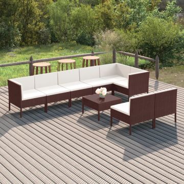 vidaXL 9-delige Loungeset met kussens poly rattan bruin