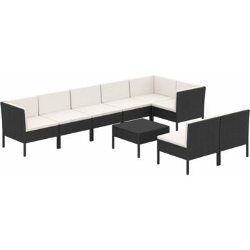 vidaXL 9-delige Loungeset met kussens poly rattan zwart