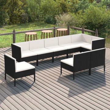 vidaXL 9-delige Loungeset met kussens poly rattan zwart