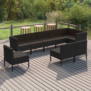 vidaXL 9-delige Loungeset met kussens poly rattan zwart