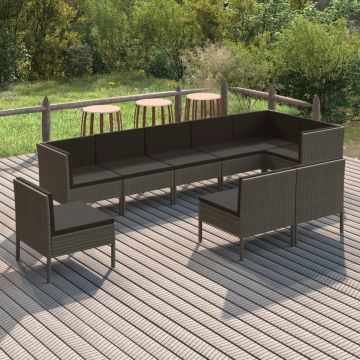 vidaXL 9-delige Loungeset met kussens poly rattan grijs