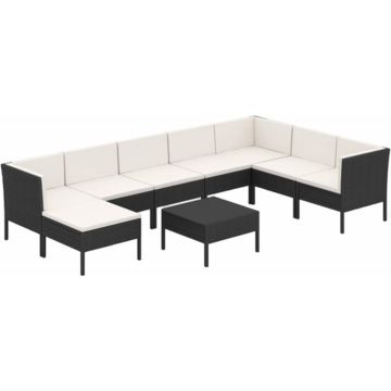 vidaXL 9-delige Loungeset met kussens poly rattan zwart