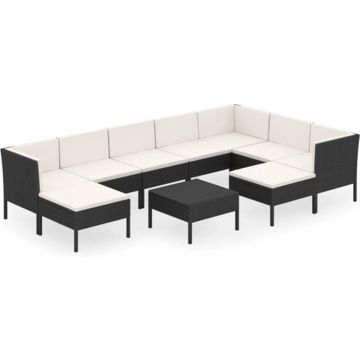 vidaXL 10-delige Loungeset met kussens poly rattan zwart