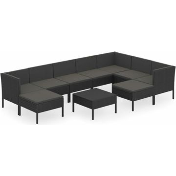 vidaXL 10-delige Loungeset met kussens poly rattan zwart