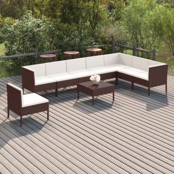 vidaXL 9-delige Loungeset met kussens poly rattan bruin