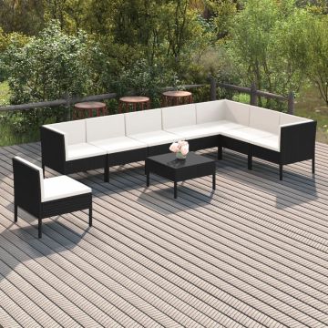 vidaXL 9-delige Loungeset met kussens poly rattan zwart