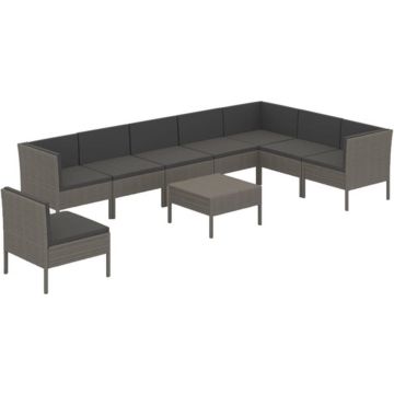 vidaXL 9-delige Loungeset met kussens poly rattan grijs