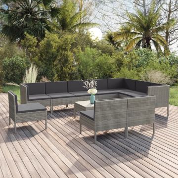 vidaXL 11-delige Loungeset met kussens poly rattan grijs