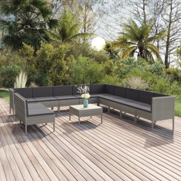 vidaXL 12-delige Loungeset met kussens poly rattan grijs