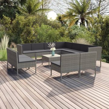 vidaXL 12-delige Loungeset met kussens poly rattan grijs