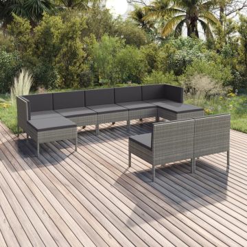 vidaXL 9-delige Loungeset met kussens poly rattan grijs