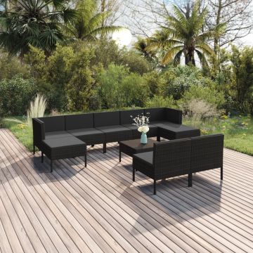 vidaXL 10-delige Loungeset met kussens poly rattan zwart