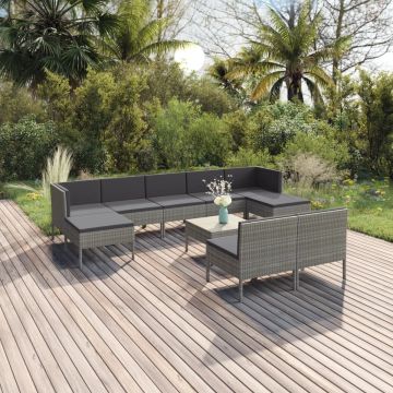 vidaXL 10-delige Loungeset met kussens poly rattan grijs