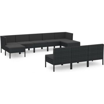 vidaXL 10-delige Loungeset met kussens poly rattan zwart