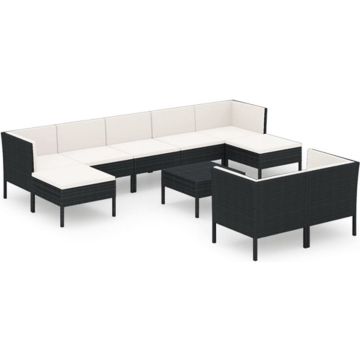 vidaXL 10-delige Loungeset met kussens poly rattan zwart