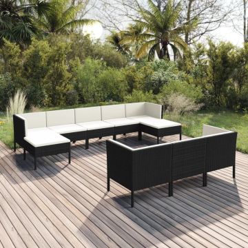 vidaXL 10-delige Loungeset met kussens poly rattan zwart