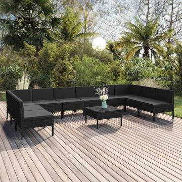 vidaXL 11-delige Loungeset met kussens poly rattan zwart