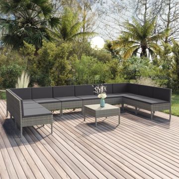 vidaXL 11-delige Loungeset met kussens poly rattan grijs