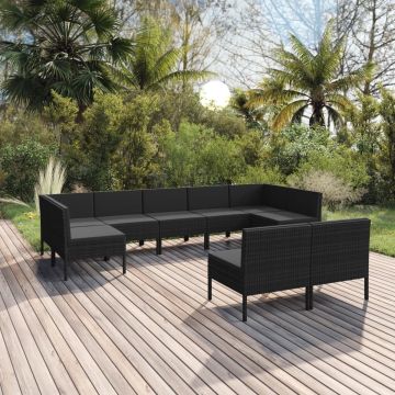 vidaXL 9-delige Loungeset met kussens poly rattan zwart