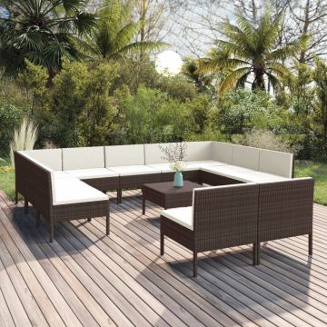 vidaXL 12-delige Loungeset met kussens poly rattan bruin