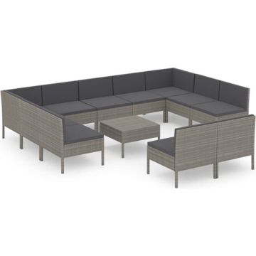 vidaXL 12-delige Loungeset met kussens poly rattan grijs