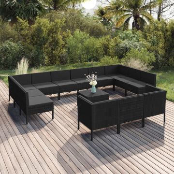 vidaXL 14-delige Loungeset met kussens poly rattan zwart