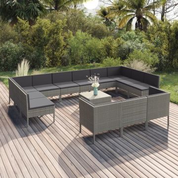 vidaXL 14-delige Loungeset met kussens poly rattan grijs