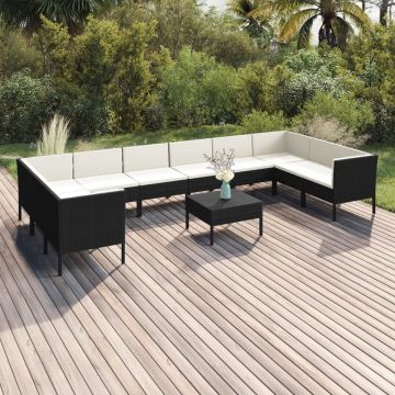 vidaXL 11-delige Loungeset met kussens poly rattan zwart