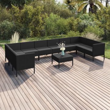 vidaXL 11-delige Loungeset met kussens poly rattan zwart