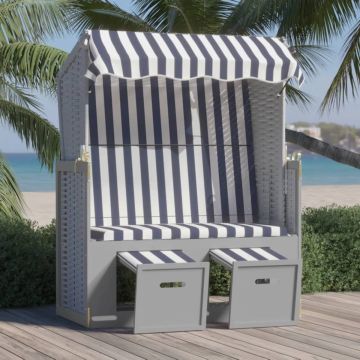 vidaXL Strandstoel met luifel poly rattan en massief hout blauw en wit