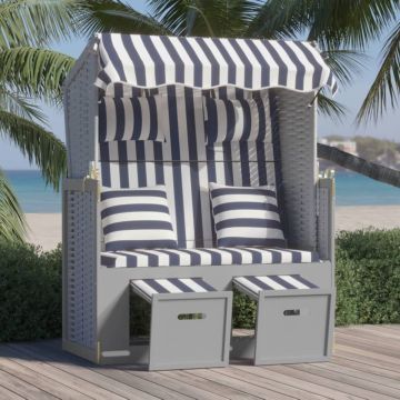 vidaXL Strandstoel met kussens poly rattan en hout blauw en wit