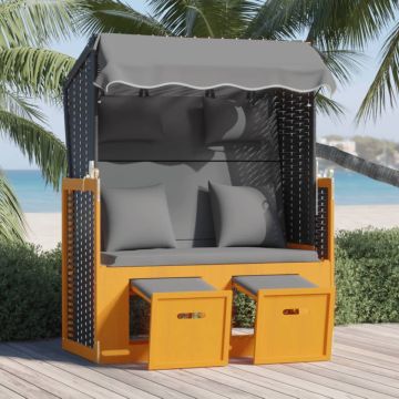 vidaXL Strandstoel met kussen poly rattan en hout zwart en antraciet