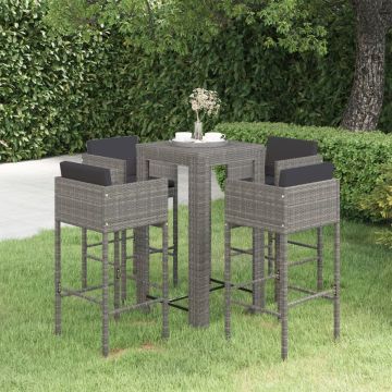 vidaXL 5-delige Tuinbarset met kussens poly rattan grijs