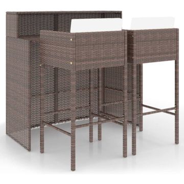 vidaXL 3-delige Tuinbarset met kussens poly rattan bruin