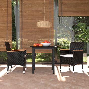 vidaXL 3-delige Tuinset met kussens poly rattan zwart