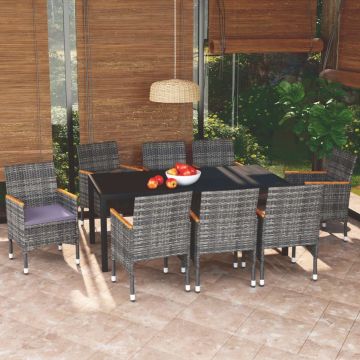 vidaXL 9-delige Tuinset met kussens poly rattan grijs