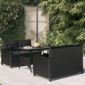 vidaXL 3-delige Tuinset met kussens poly rattan zwart