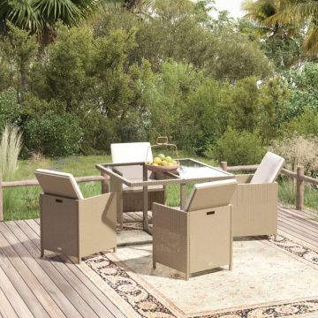 vidaXL 5-delige Tuinset met kussens poly rattan beige