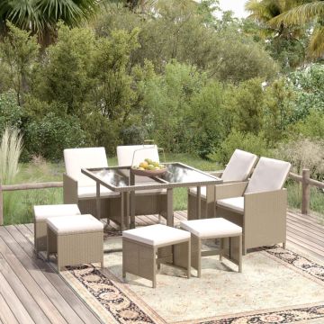 vidaXL 9-delige Tuinset met kussens poly rattan beige