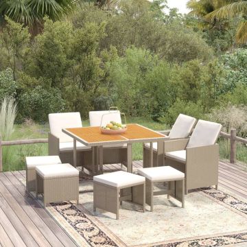 vidaXL 9-delige Tuinset met kussens poly rattan beige