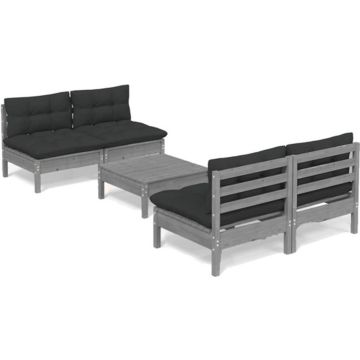 vidaXL 5-delige Loungeset met antracietkleurige kussens grenenhout